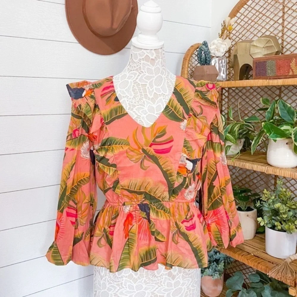 NWT Farm Rio Yasmine Ruffled Blouse Pink Combo Anthropologie Womens Top Tropical - Picture 13 of 14